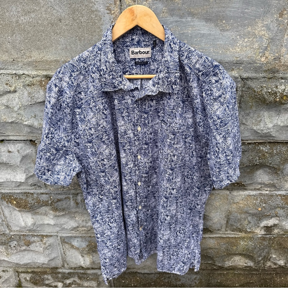 Barbour Shirt Mens XXL Heritage Short Sleeve Button Up Blue Hawaiian Palm Frond